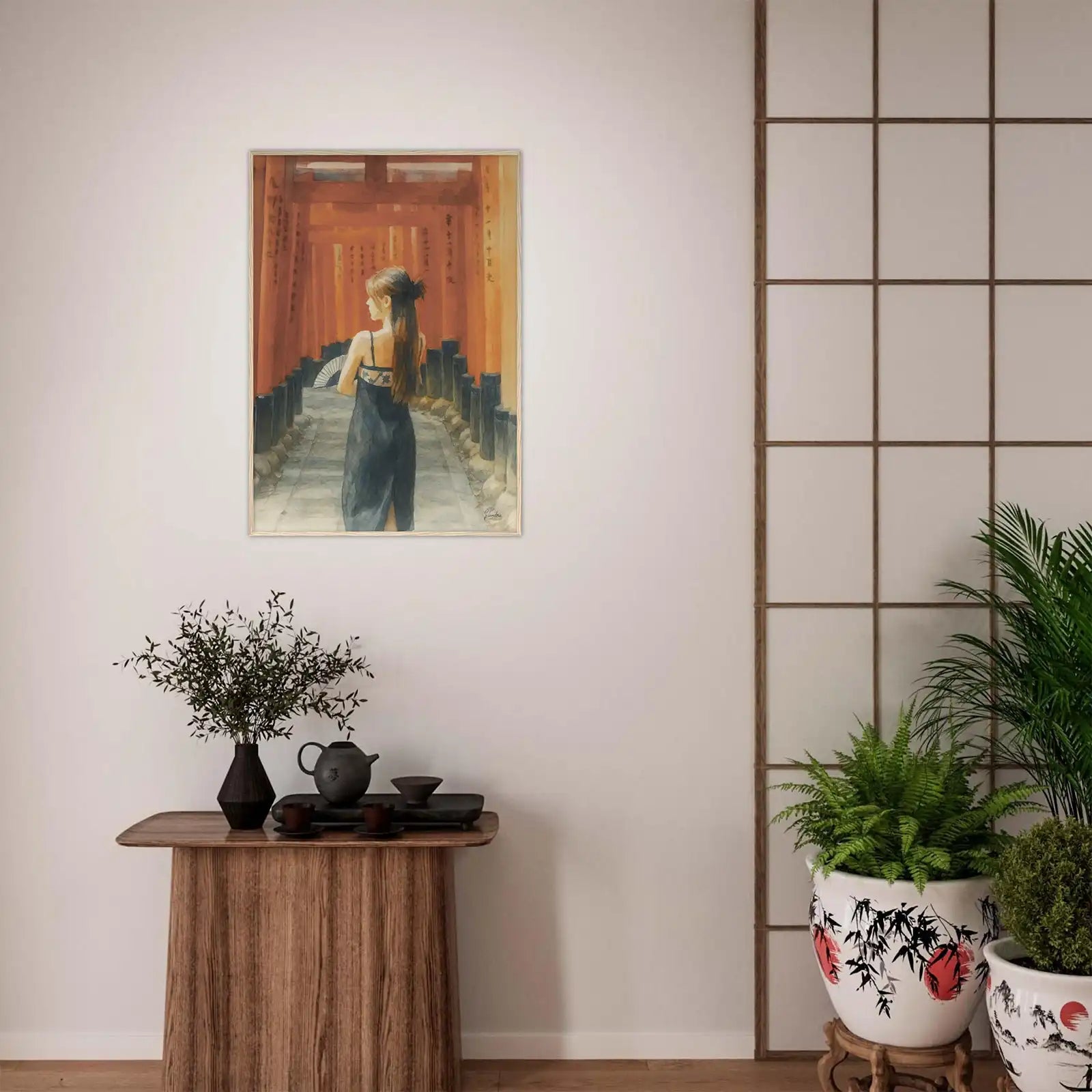 viandora-fushimi-inari-acquerello-poster-con-cornice-ambiente-a-1x1