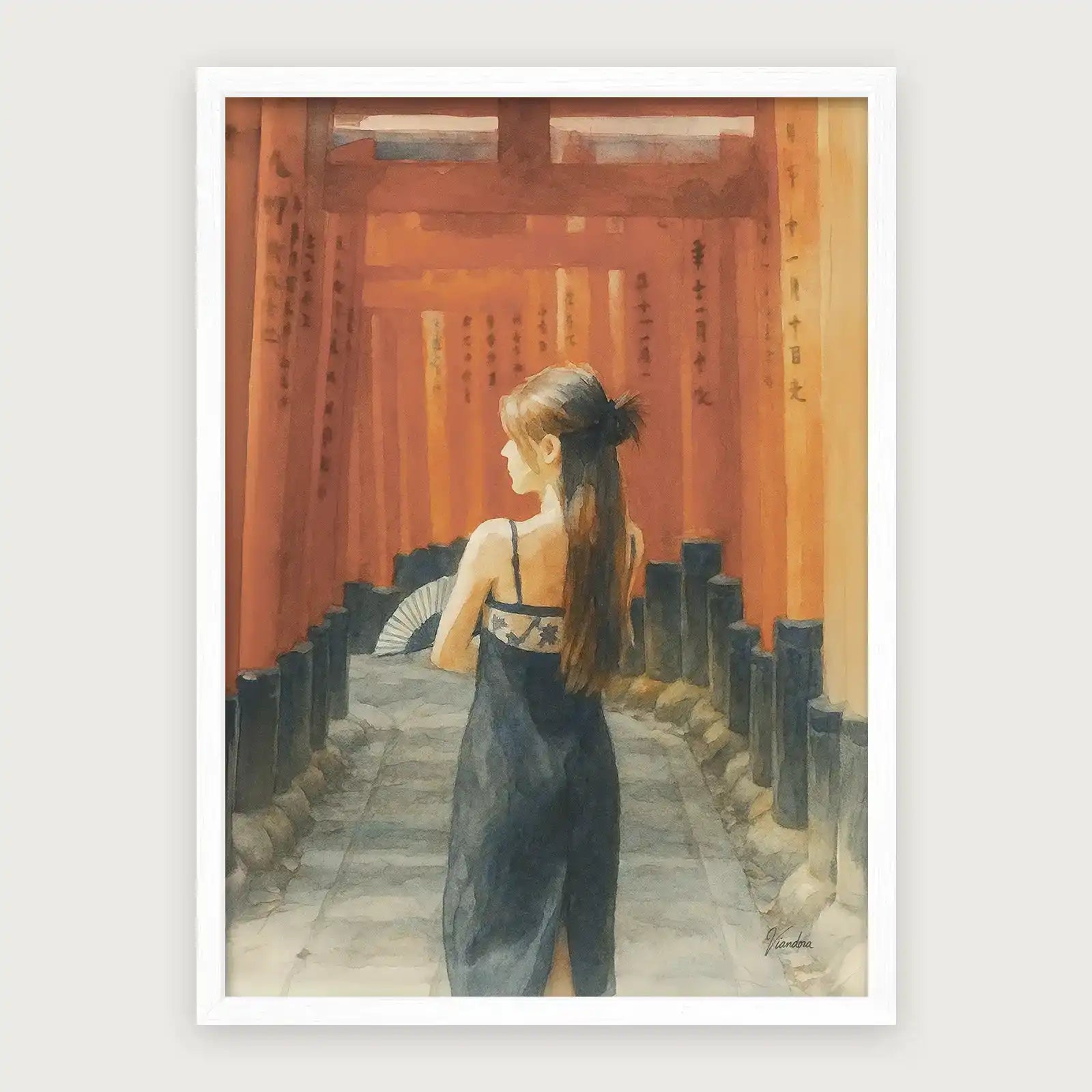 viandora-fushimi-inari-acquerello-poster-con-cornice-bianco-1x1