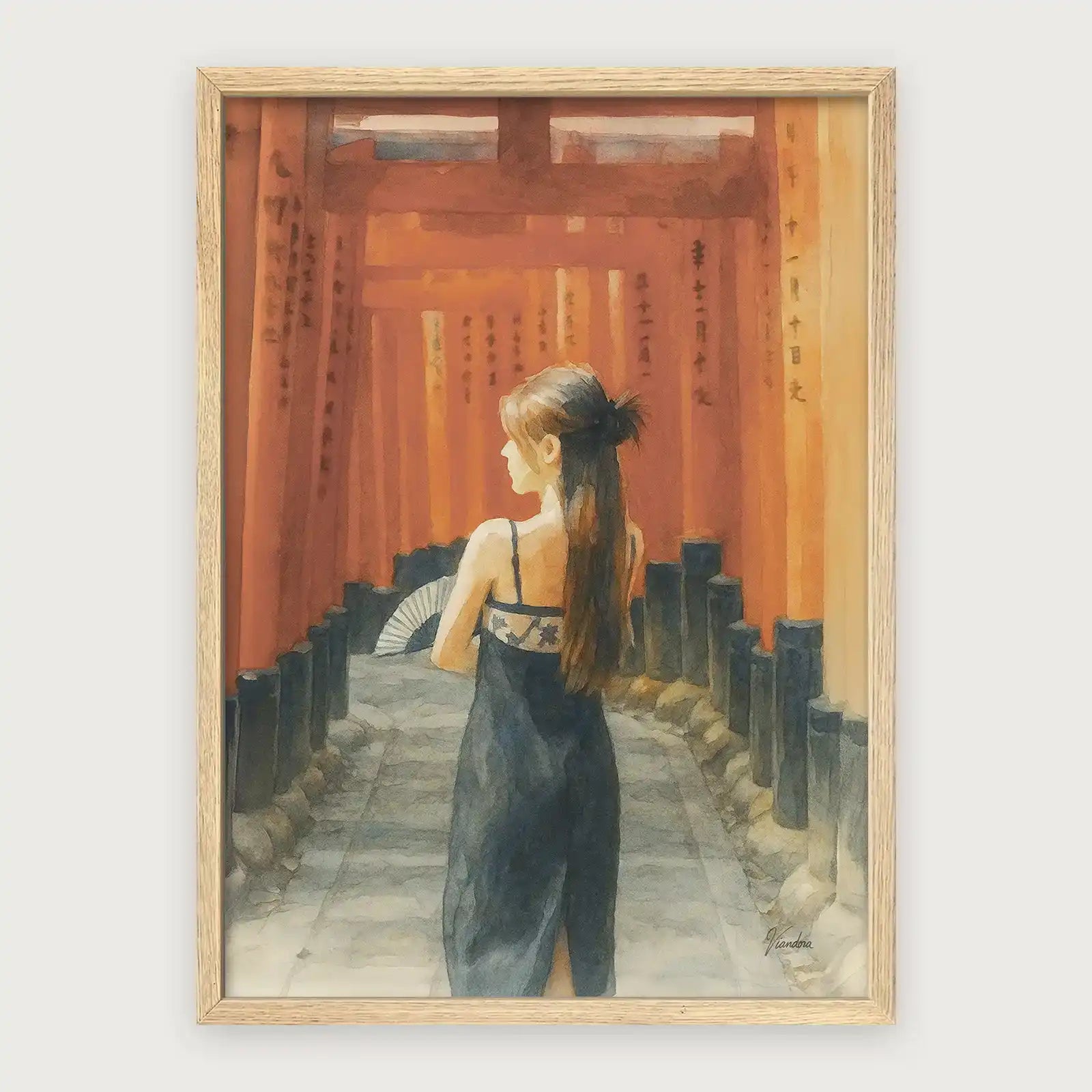 viandora-fushimi-inari-acquerello-poster-con-cornice-legno-chiaro-1x1