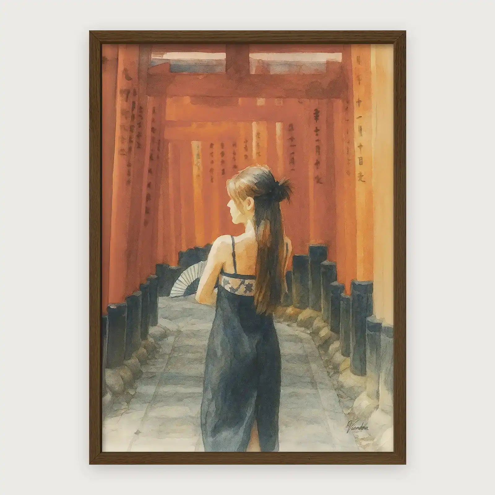 viandora-fushimi-inari-acquerello-poster-con-cornice-legno-scuro-1x1