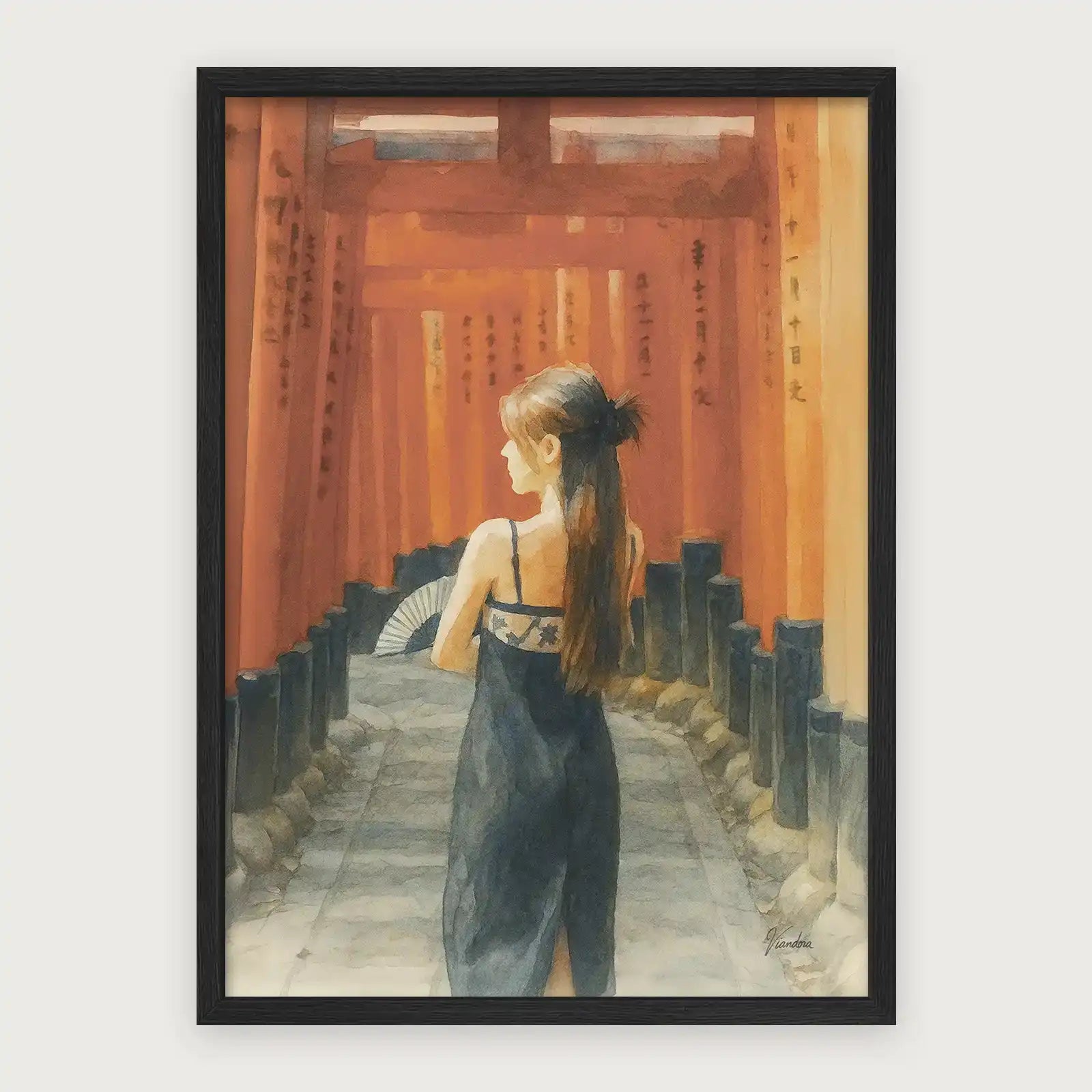 viandora-fushimi-inari-acquerello-poster-con-cornice-nero-1x1
