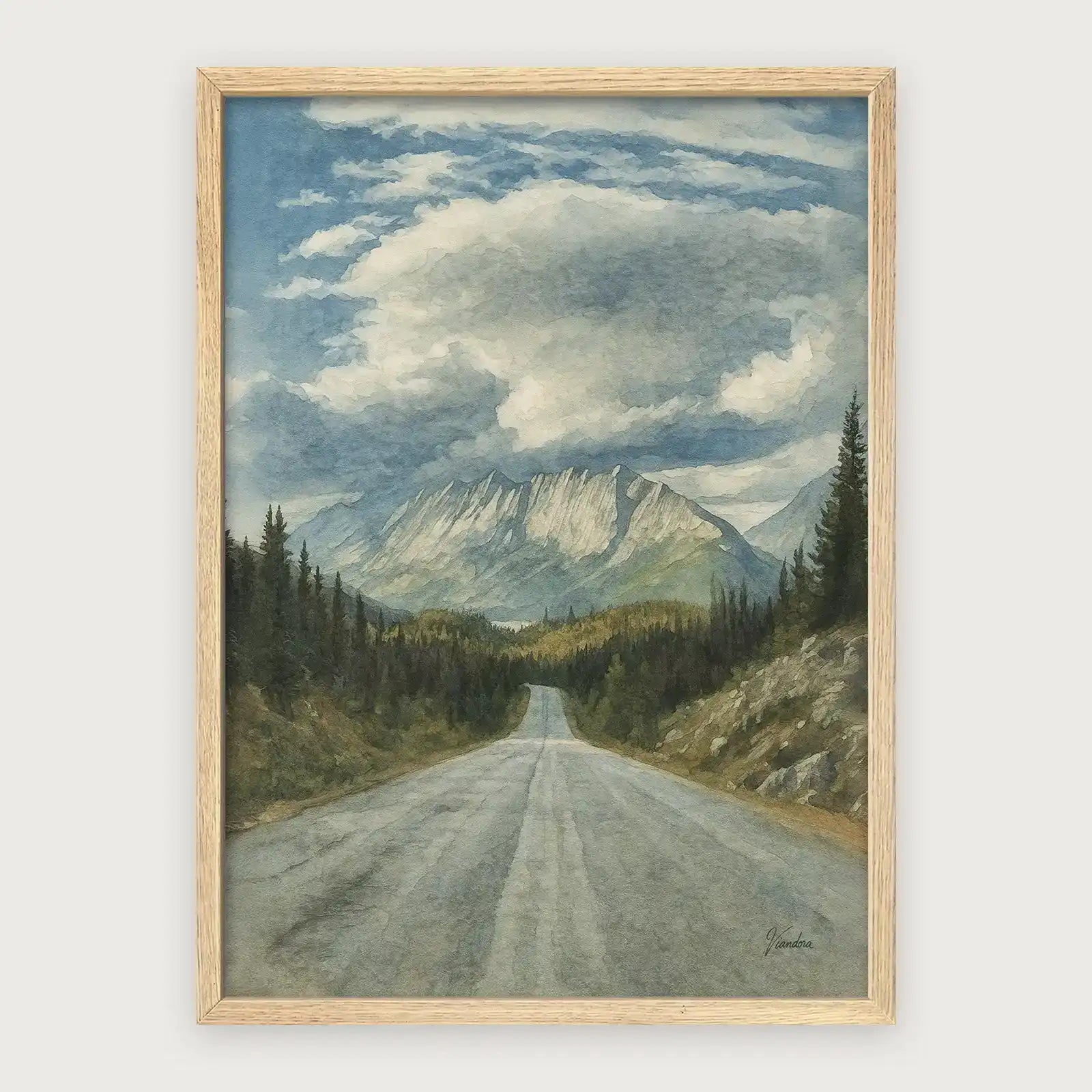viandora-jasper-road-acquerello-poster-con-cornice-legno-chiaro-1x1