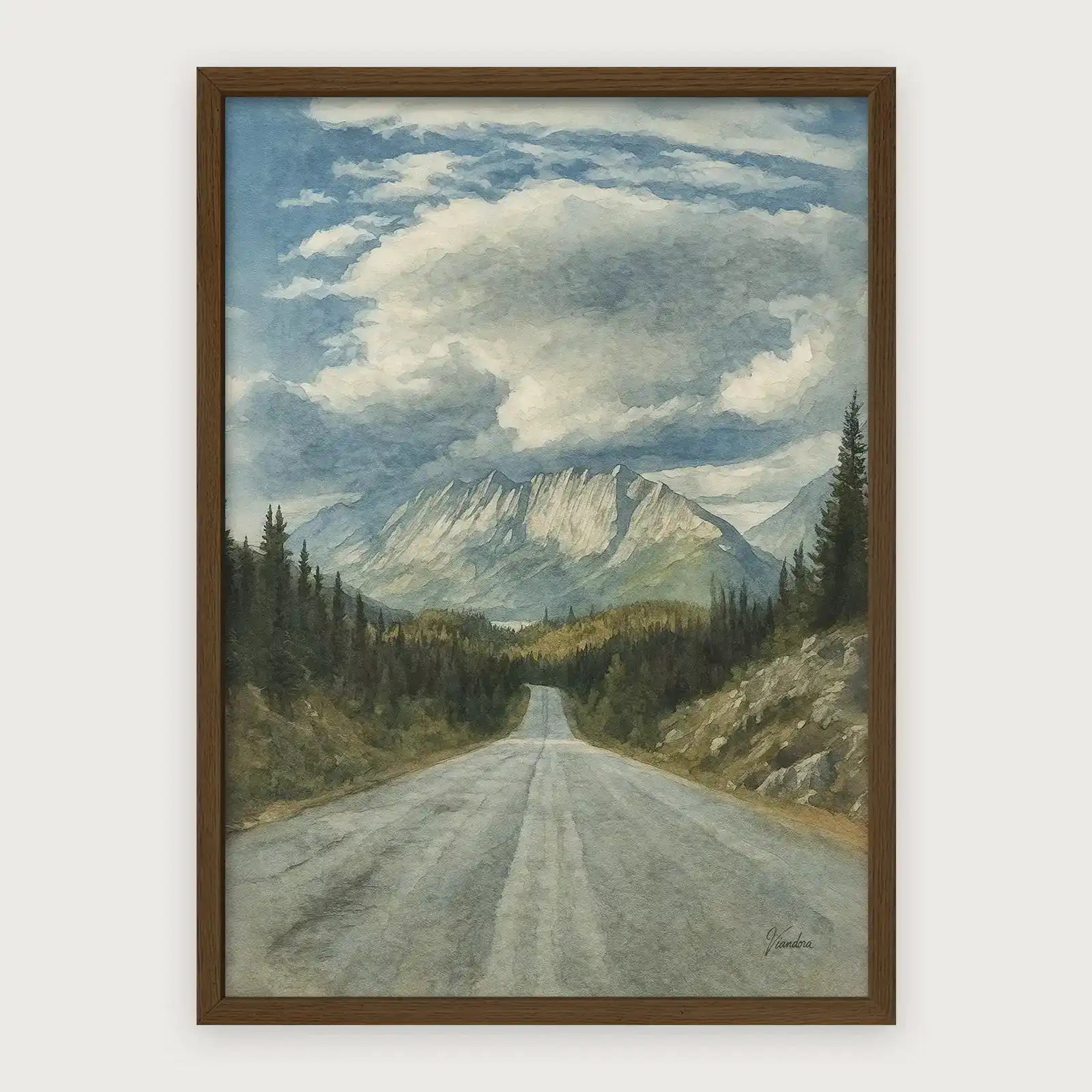 viandora-jasper-road-acquerello-poster-con-cornice-legno-scuro-1x1