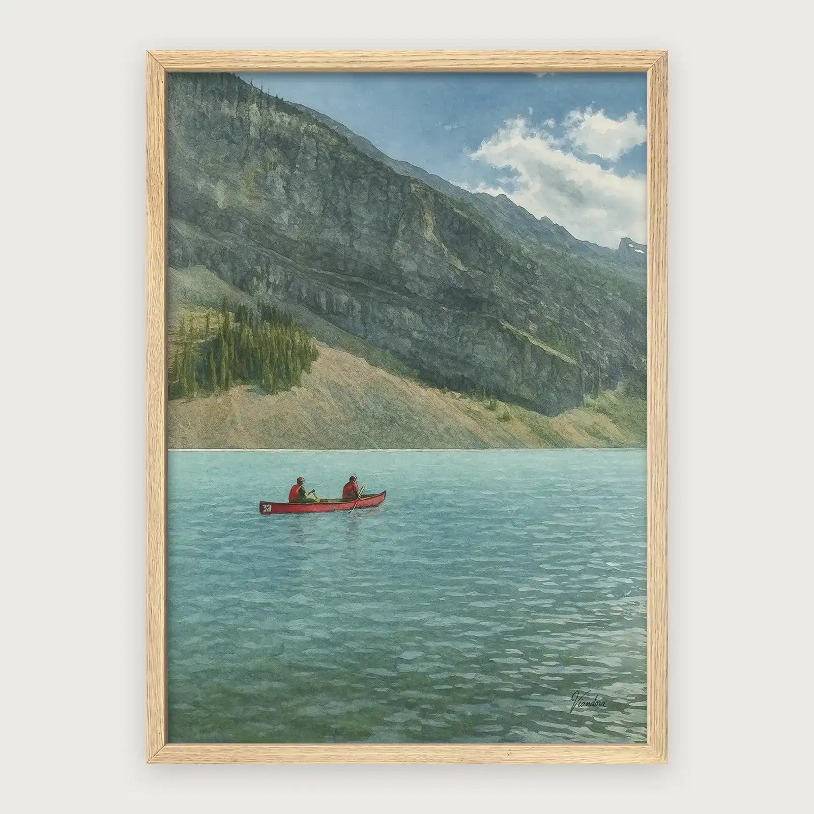viandora-lake-louise-paddle-acquerello-poster-con-cornice-legno-chiaro-1x1