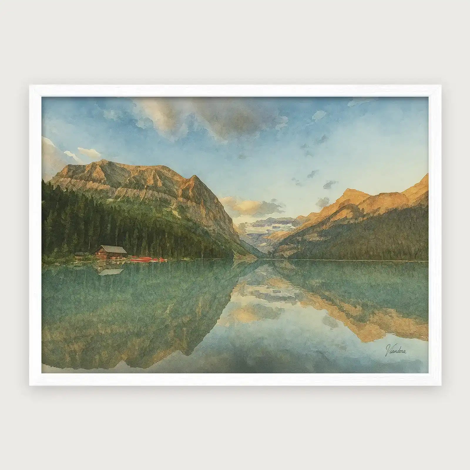 viandora-lake-louise-sunrise-acquerello-poster-con-cornice-bianco-1x1