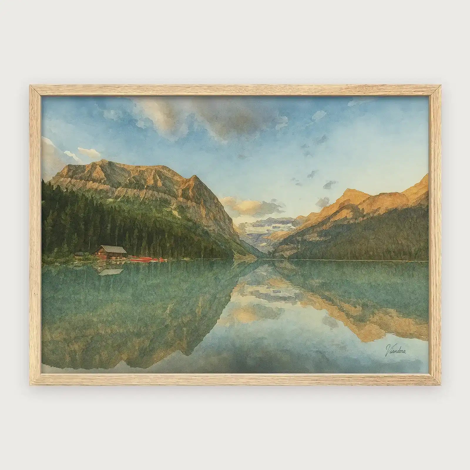 viandora-lake-louise-sunrise-acquerello-poster-con-cornice-legno-chiaro-1x1