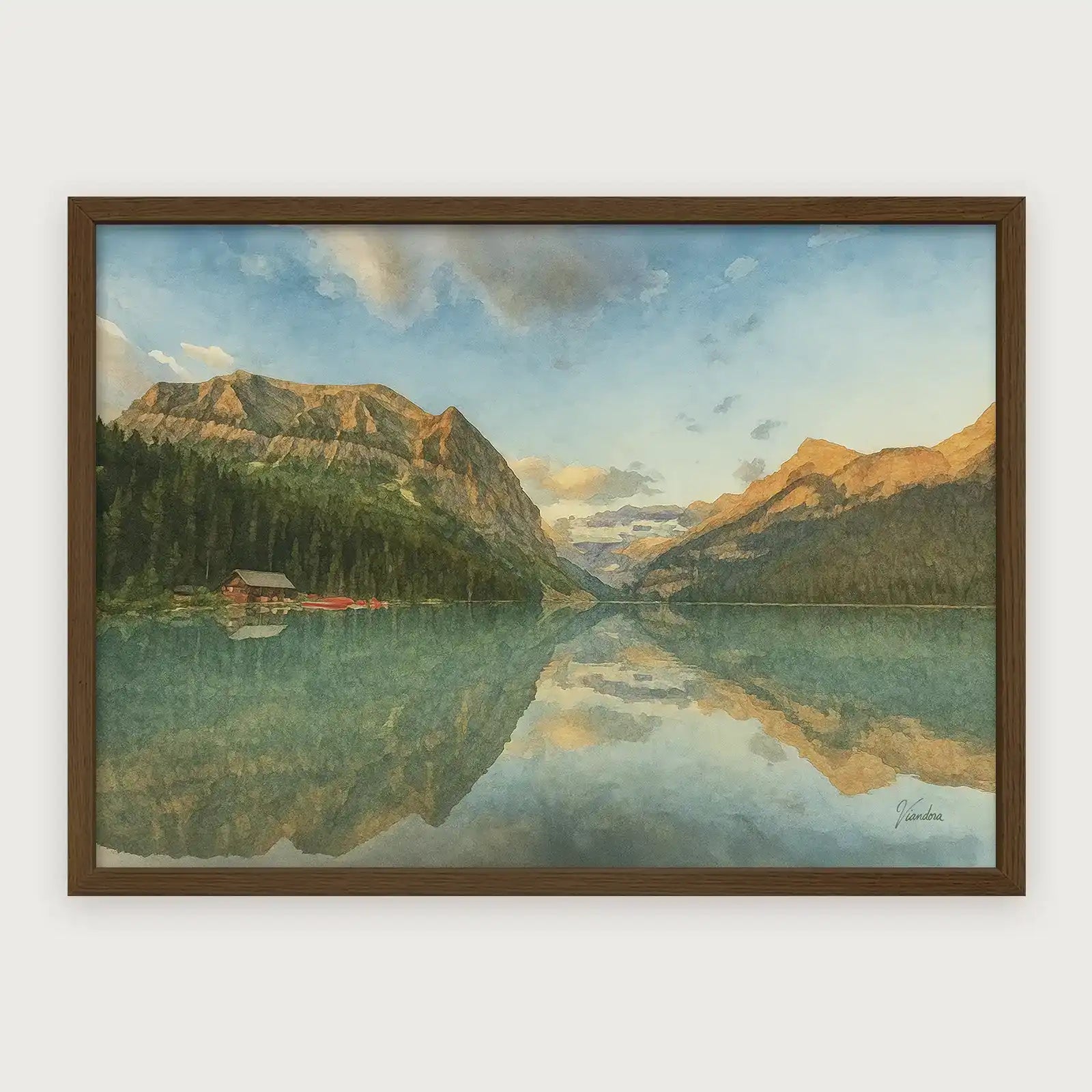 viandora-lake-louise-sunrise-acquerello-poster-con-cornice-legno-scuro-1x1