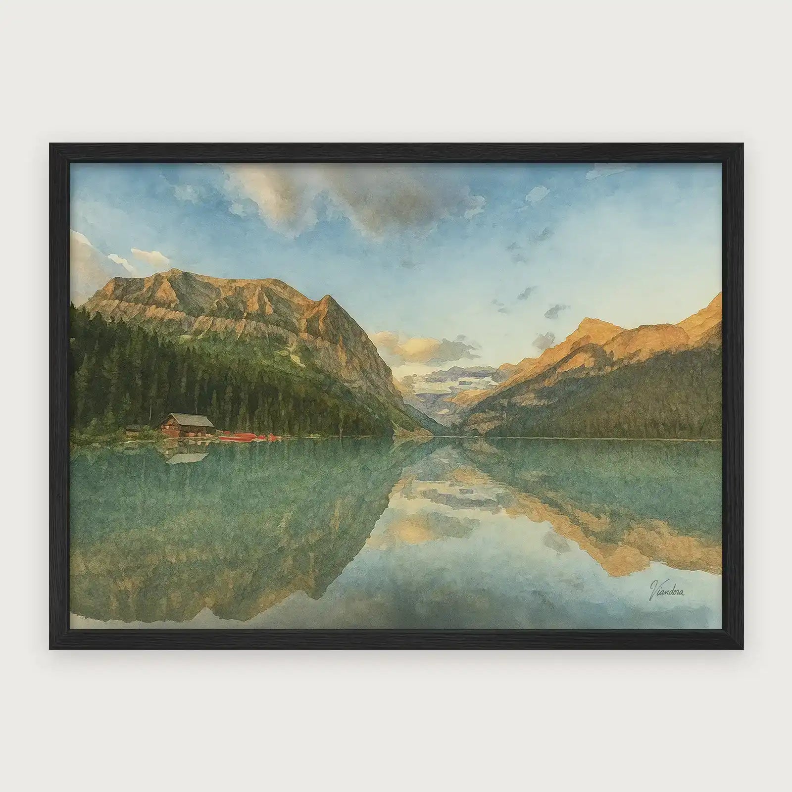 viandora-lake-louise-sunrise-acquerello-poster-con-cornice-nero-1x1