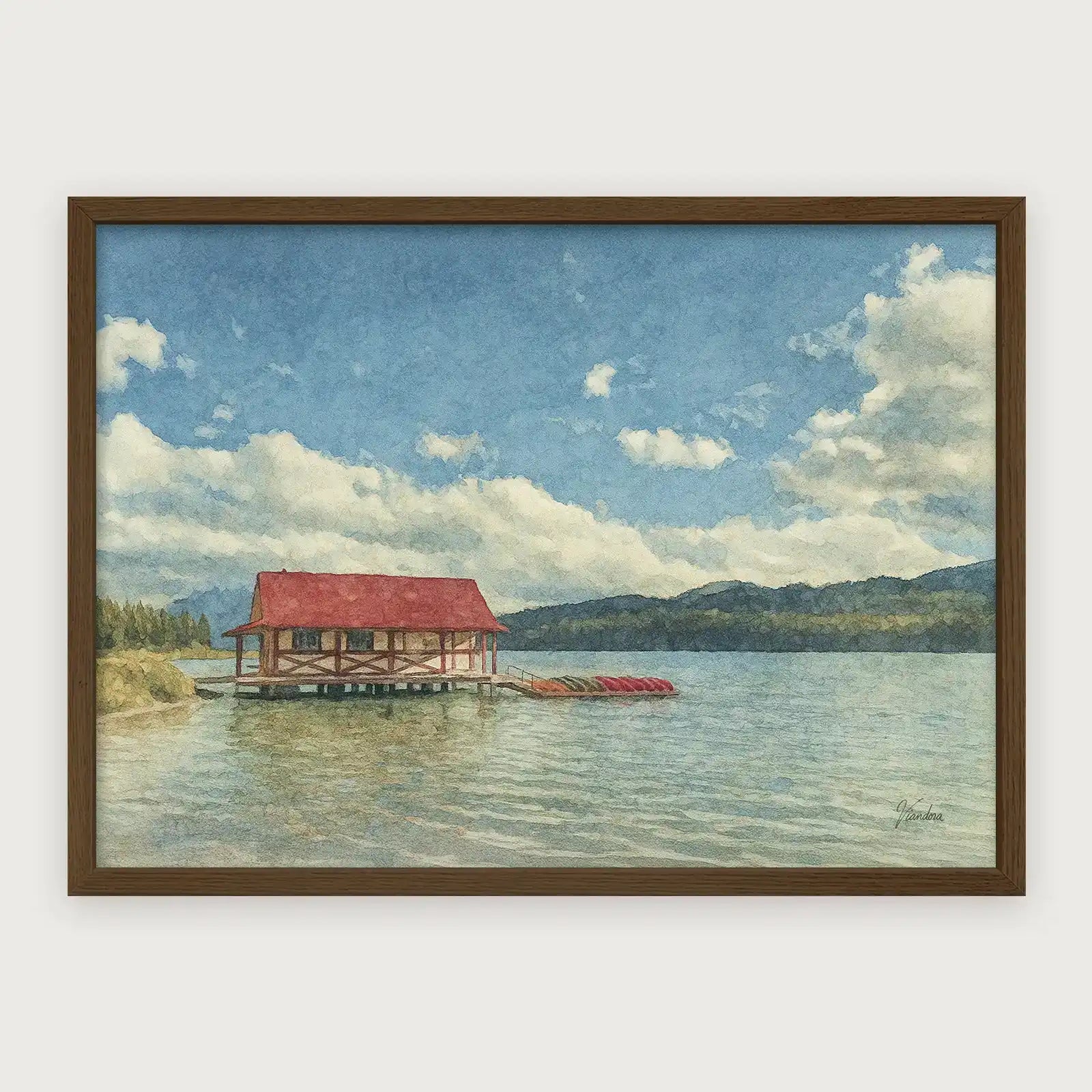 viandora-maligne-lake-acquerello-poster-con-cornice-legno-scuro-1x1