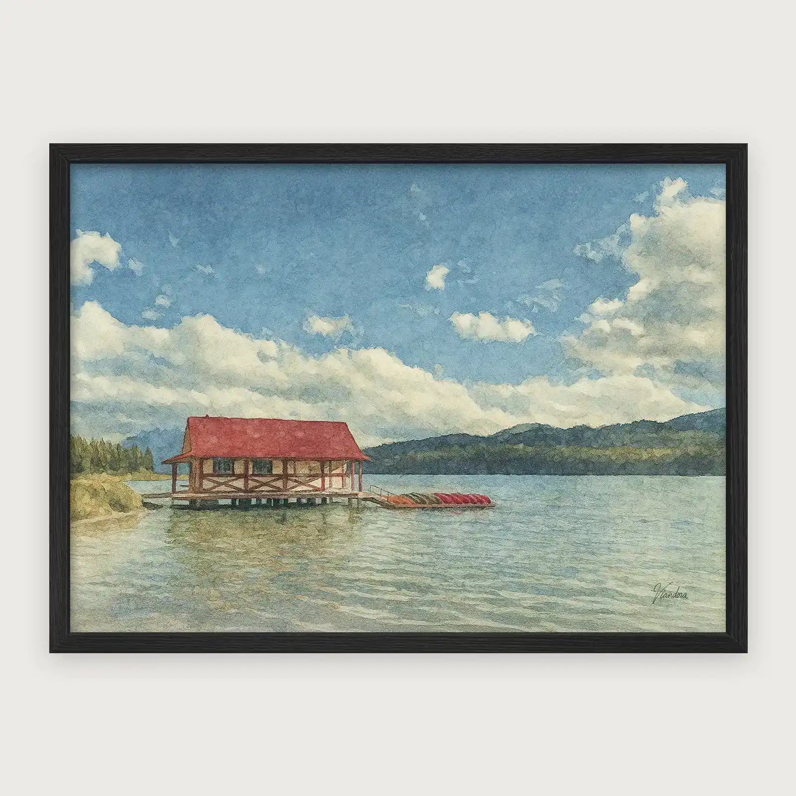viandora-maligne-lake-acquerello-poster-con-cornice-nero-1x1