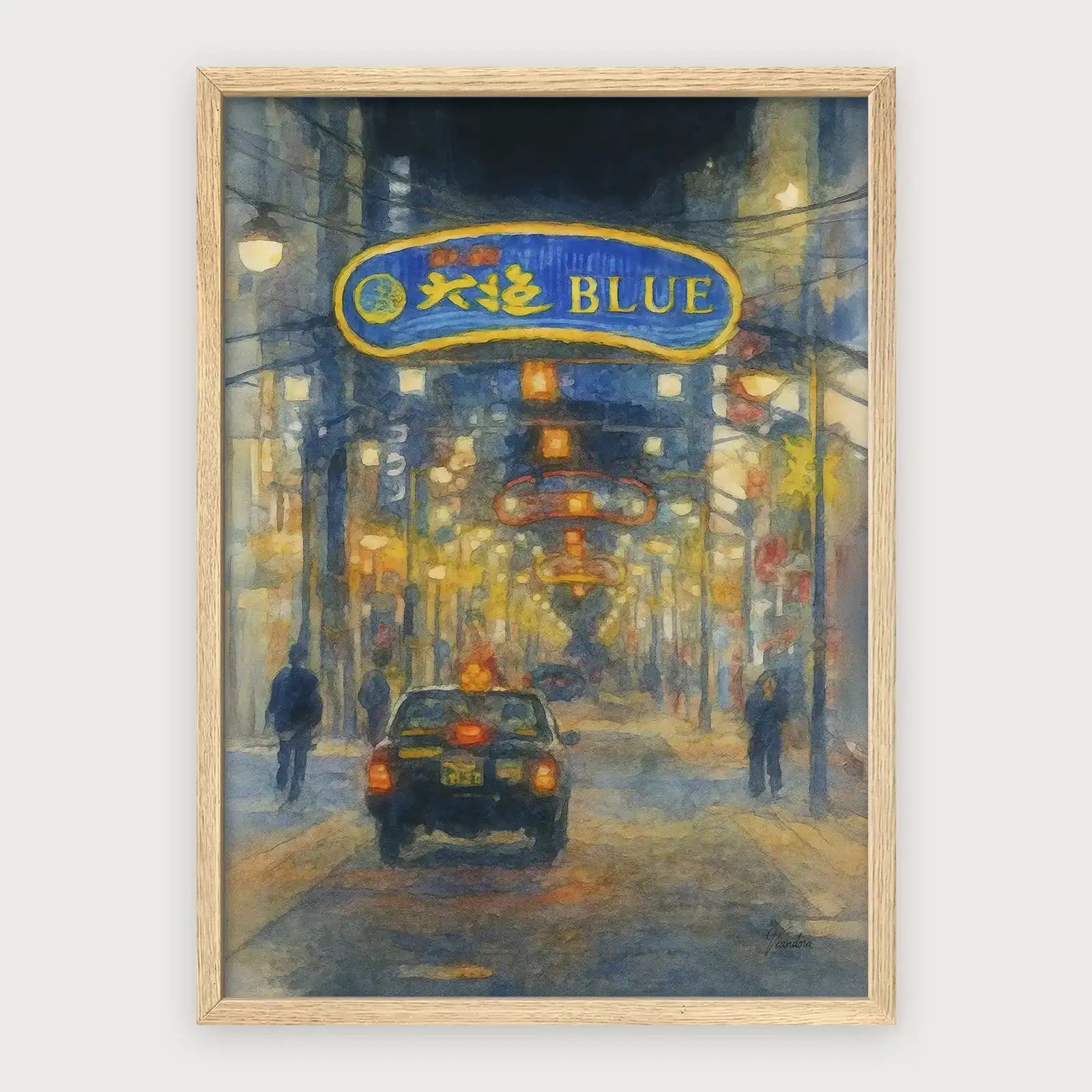 viandora-midnight-hiroshima-acquerello-poster-con-cornice-legno-chiaro-1x1