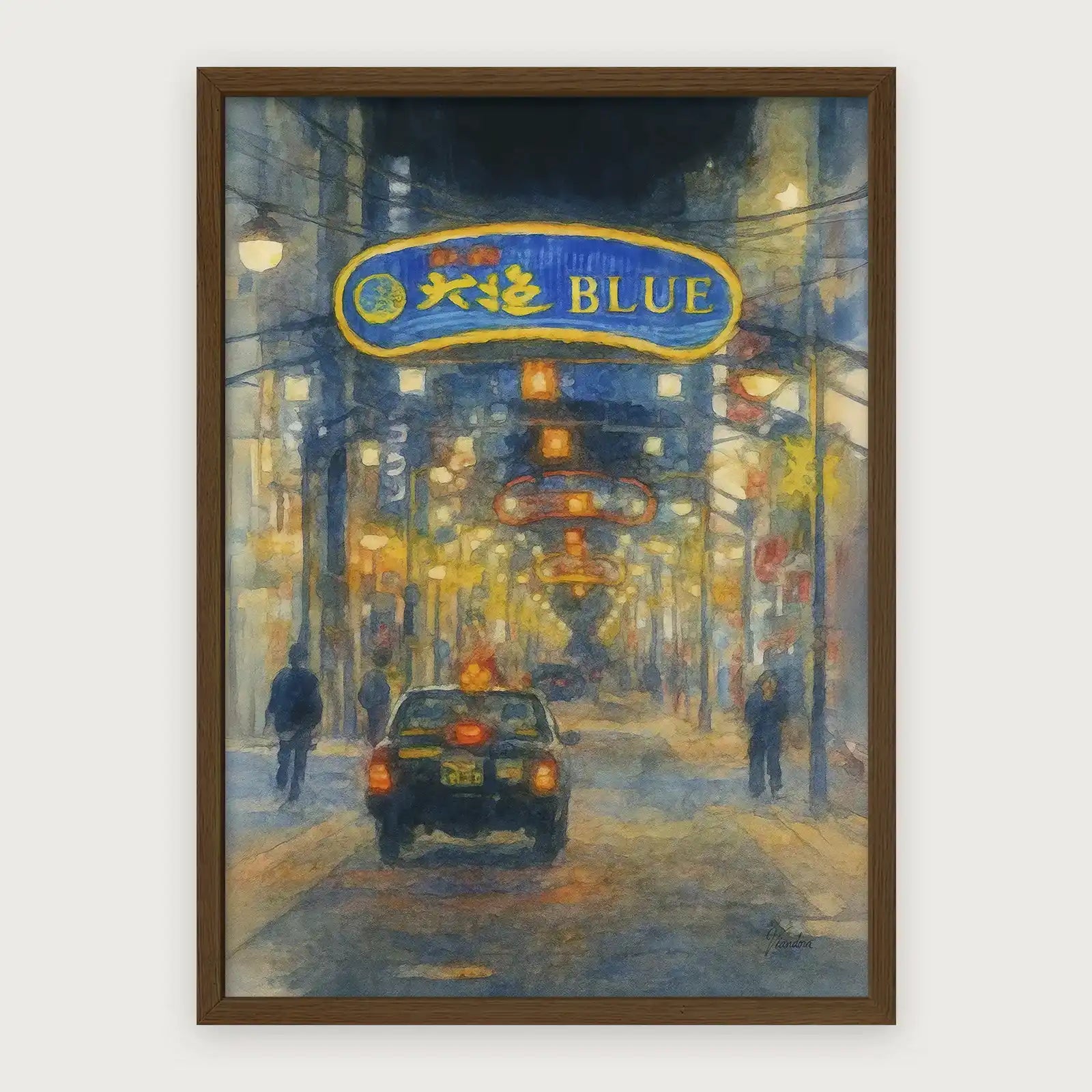 viandora-midnight-hiroshima-acquerello-poster-con-cornice-legno-scuro-1x1
