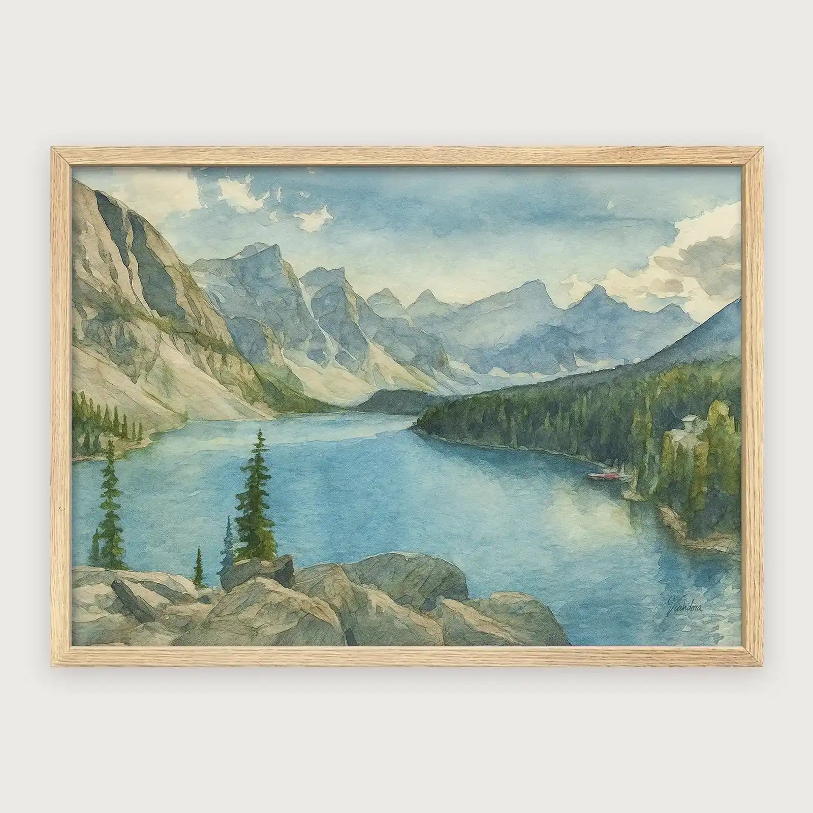 viandora-moraine-lake-acquerello-poster-con-cornice-legno-chiaro-1x1