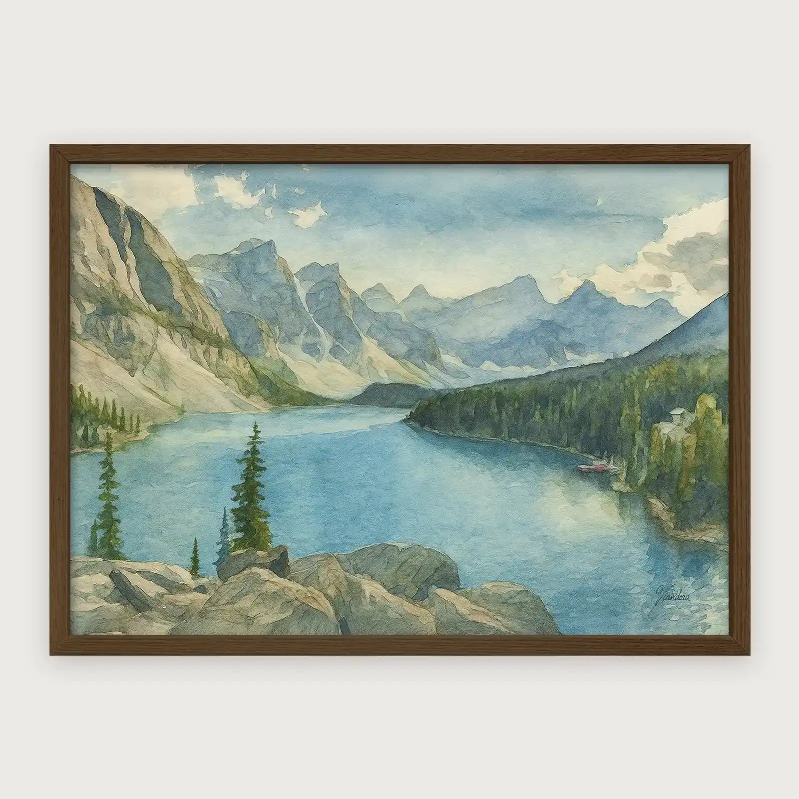 viandora-moraine-lake-acquerello-poster-con-cornice-legno-scuro-1x1