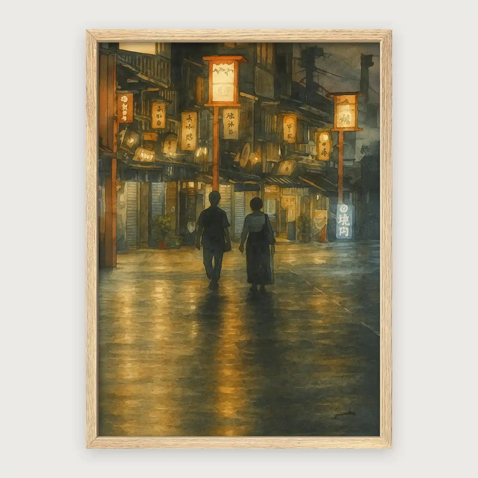 viandora-romantic-tokyo-acquerello-poster-con-cornice-legno-chiaro-1x1