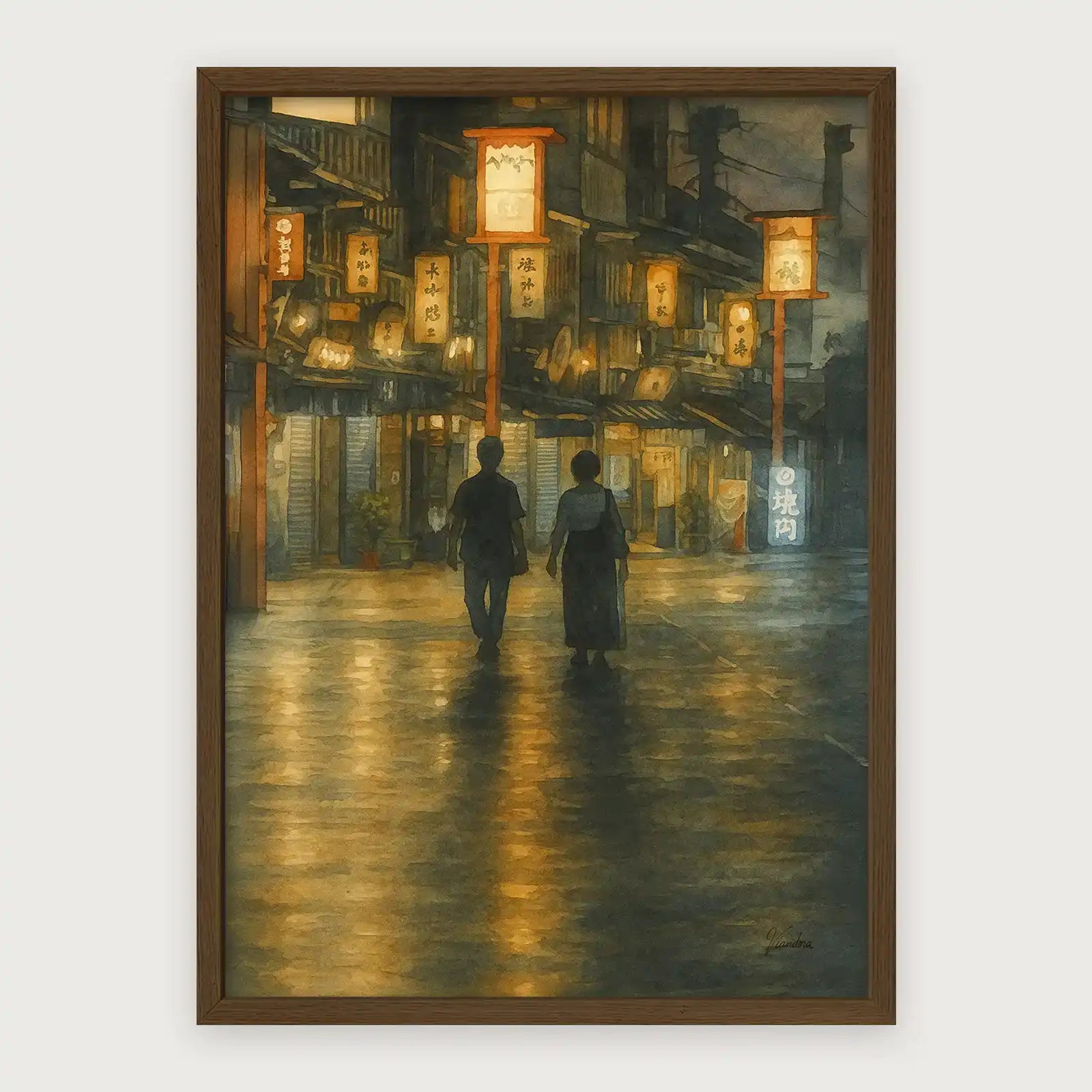 viandora-romantic-tokyo-acquerello-poster-con-cornice-legno-scuro-1x1