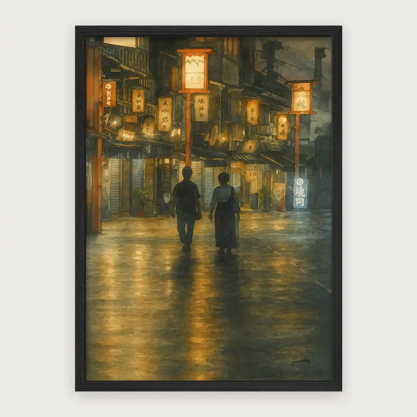 viandora-romantic-tokyo-acquerello-poster-con-cornice-nero-1x1