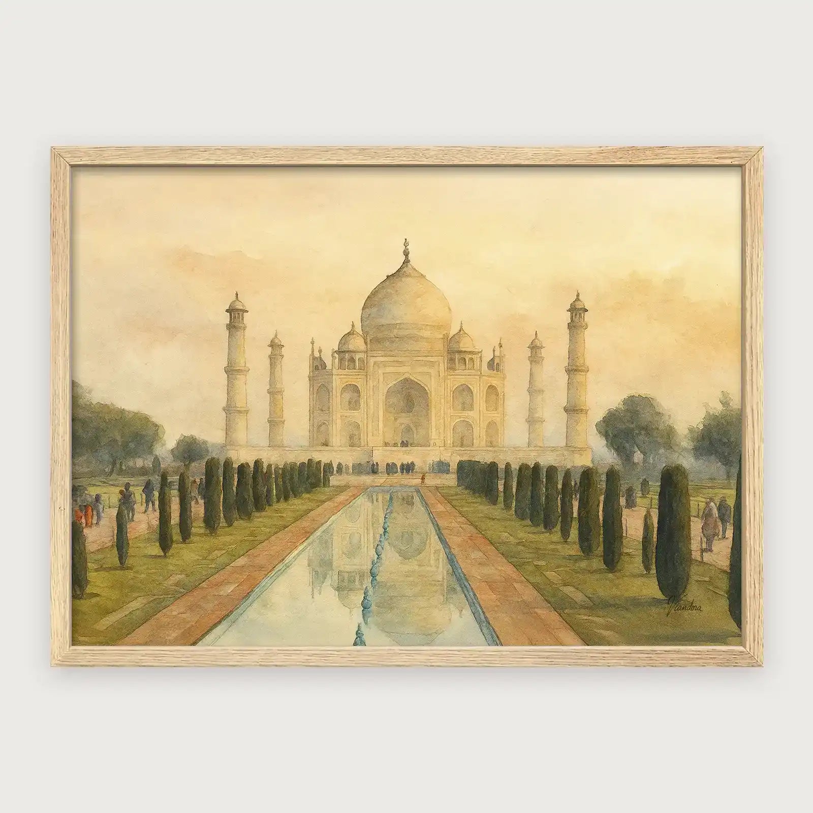 viandora-taj-mahal-acquerello-poster-con-cornice-legno-chiaro-1x1