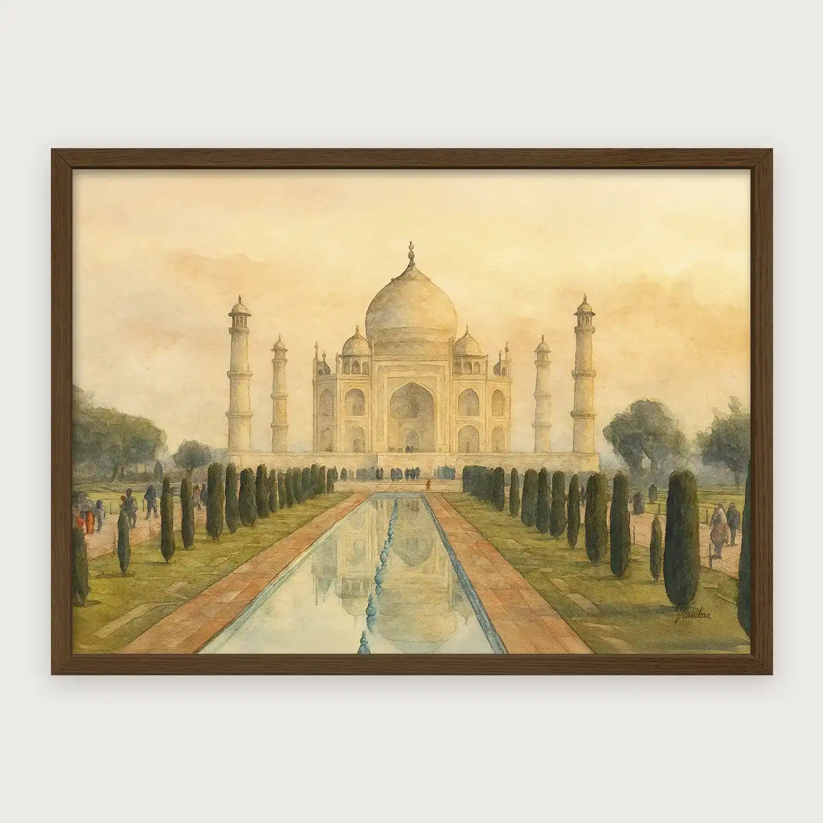 viandora-taj-mahal-acquerello-poster-con-cornice-legno-scuro-1x1