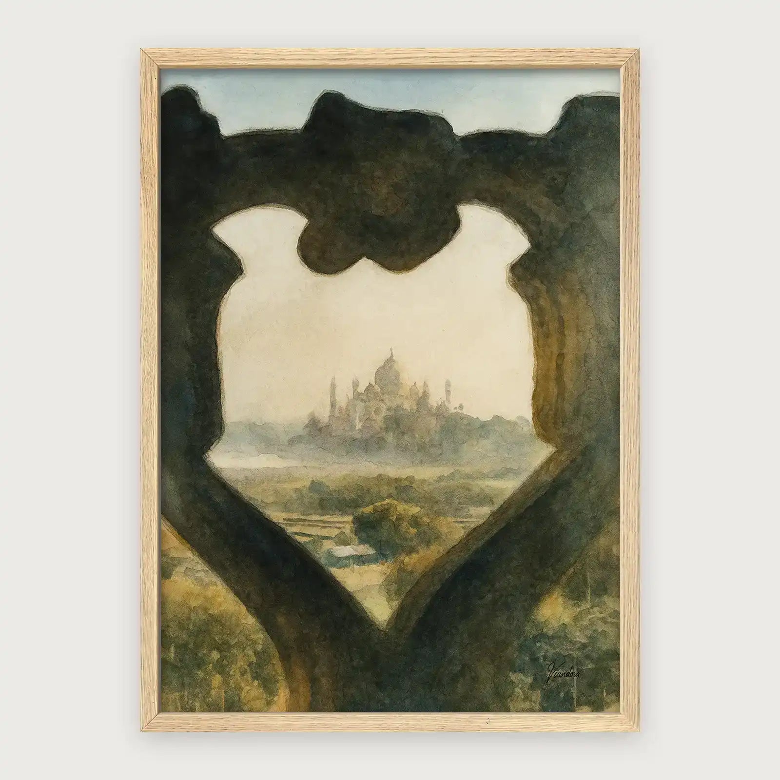 viandora-taj-mahal-beyond-acquerello-poster-con-cornice-legno-chiaro-1x1