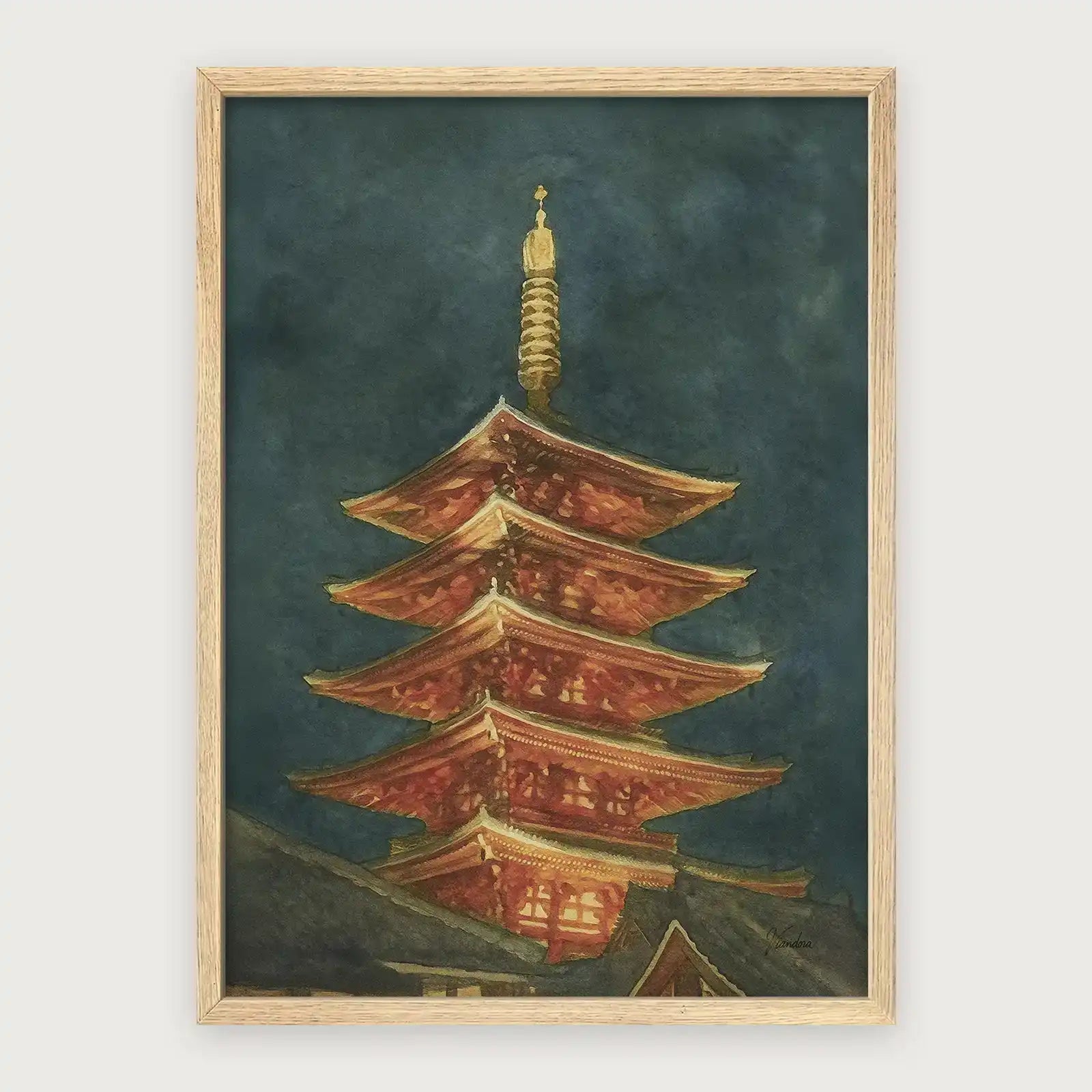 viandora-tokyo-senso-ji-acquerello-poster-con-cornice-legno-chiaro-1x1