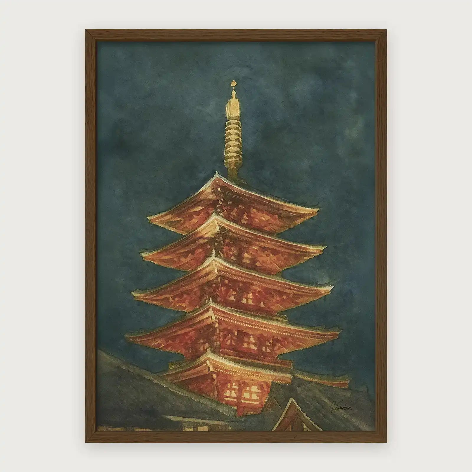viandora-tokyo-senso-ji-acquerello-poster-con-cornice-legno-scuro-1x1